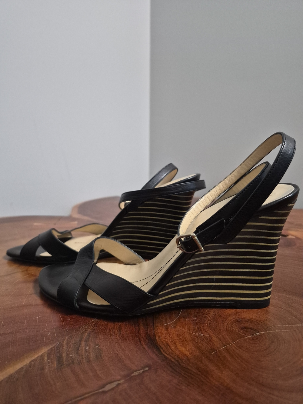 kate spade New York Black Strappy Wedge Sandals with Striped Wedge - 8